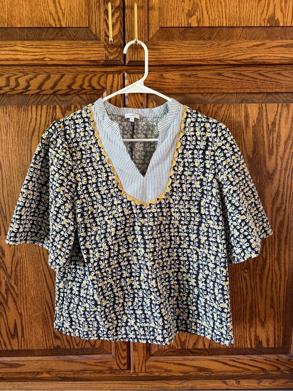 Floral V-Neck Blouse with Yellow Trim